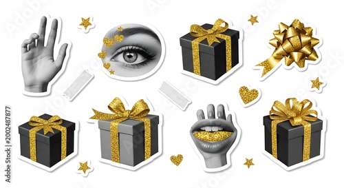 Surreal Collage of Gifts, Eyes, and Hands with Gold Accents.