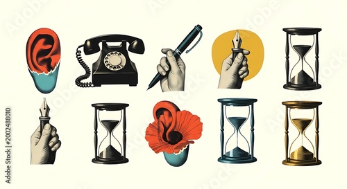 Surreal Collage of Vintage Objects and Symbols Representing Time and Communication.