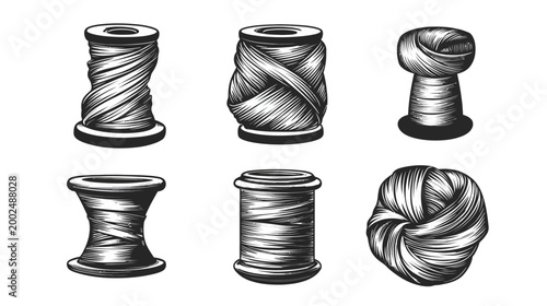 Six stylized illustrations of thread spools in various shapes, rendered in black and white