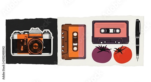Retro Objects Collection - Camera, Cassette Tapes, Tomatoes, and Pen.