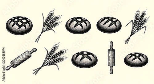 Vintage Baking Elements Collection with Bread, Wheat, and Rolling Pins.