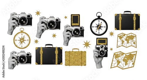 Vintage Travel Collection with Cameras, Suitcases, Maps, and Compasses.