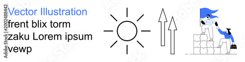 Leadership, teamwork, collaboration, growth, success, progress. A team helping each other climb stacked blocks, sun icon with growth arrows. Leadership and teamwork illustrated