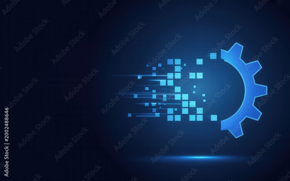 Fototapeta premium Blue glowing gear icon with pixelated squares on dark background for technology concepts