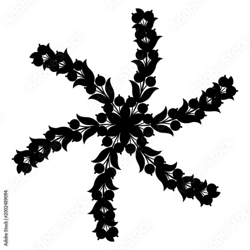 Round star shape floral decor. Spiral mandala with stylized branches with fruits and leaves. Black silhouette on white background.