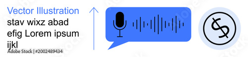 Digital payments, audio transcription, voice recognition, financial technology, communication, and sound visualization. Microphone, sound wave and dollar symbol. Digital payments and audio