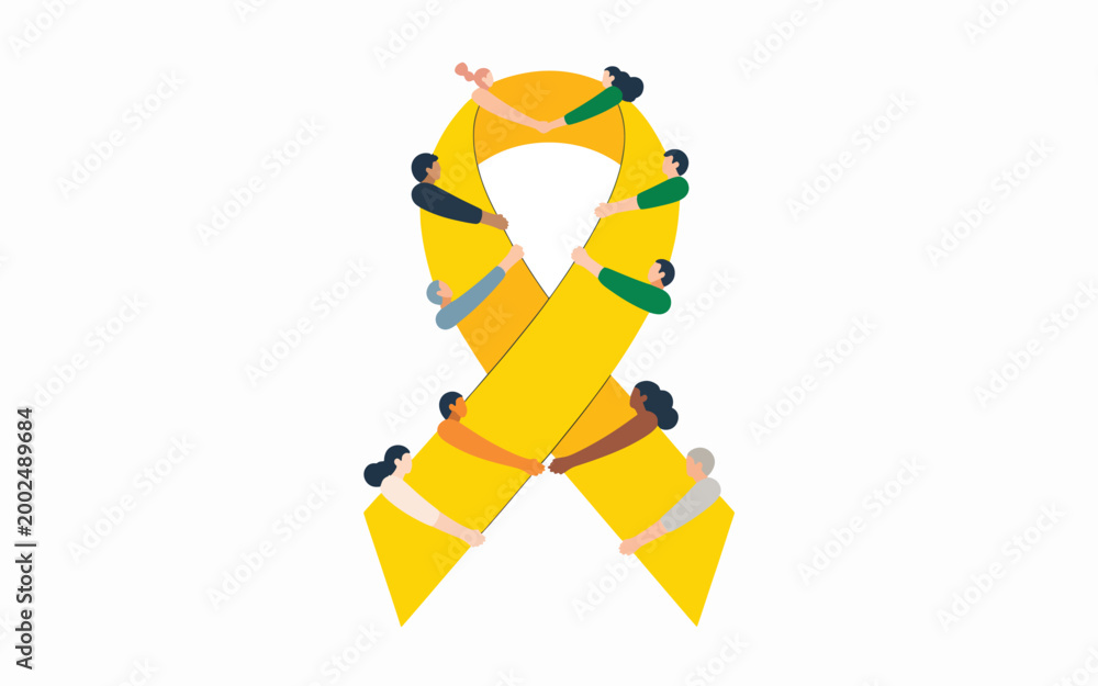 Fototapeta premium A group of diverse people holding hands around a large yellow awareness ribbon on a white background