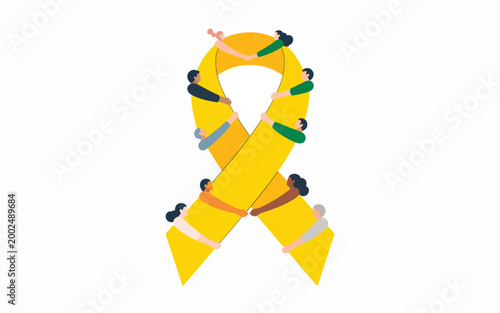 A group of diverse people holding hands around a large yellow awareness ribbon on a white background