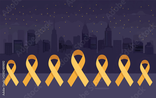 Seven yellow awareness ribbons arranged in a row against a dark purple city skyline at night scene