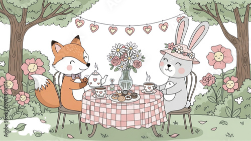 Foto Whimsical cartoon foxes and animals playing in a lush forest background Vector