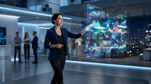 Businesswoman Interacts with Futuristic Financial Data Hologram for Investment Analysis