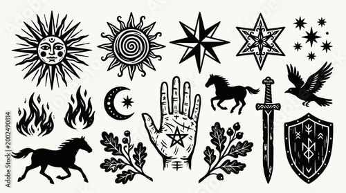 Set of esoteric occult symbols and mystical illustrations.
