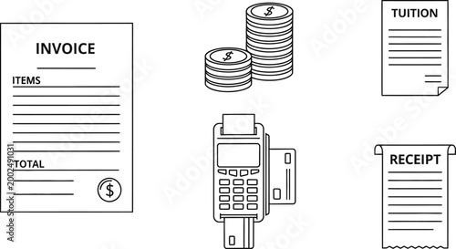 Set of financial icons including invoice tuition receipt payment terminal and money coins.