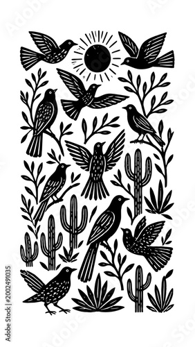 Pássaros e Cactos em Xilogravura Vermelha | Arte Folk Brasileira Estilo Cordel