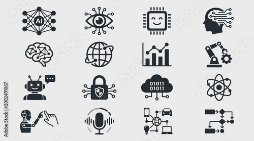 Set of flat black icons representing artificial intelligence and advanced technology concepts.