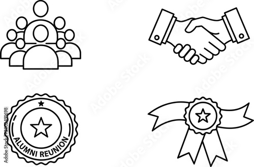 Set of four linear icons representing alumni reunion and business networking concepts.