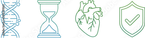 Set of four outline icons representing health and science concepts.