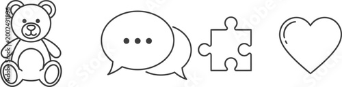 Set of four minimalist line icons including a teddy bear speech bubbles puzzle piece and a heart.