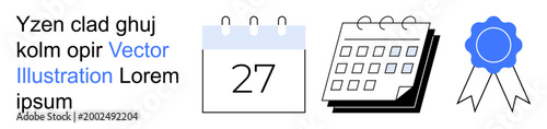 Time management, productivity tools, scheduling, event planning, goal tracking, recognition symbols. Calendar and badge graphics in modern flat style. Time management and productivity tools