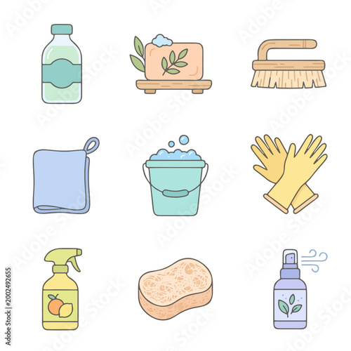 Pastel icon eco friendly cleaning soap scrub brush rubber glove hand towel bucket spray bottle set for sustainable home hygiene