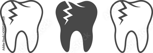 Minimalist cracked tooth vector icon set featuring outline and silhouette designs for dental pain cavity treatment emergency dentistry and oral healthcare medical clinic graphic elements.
