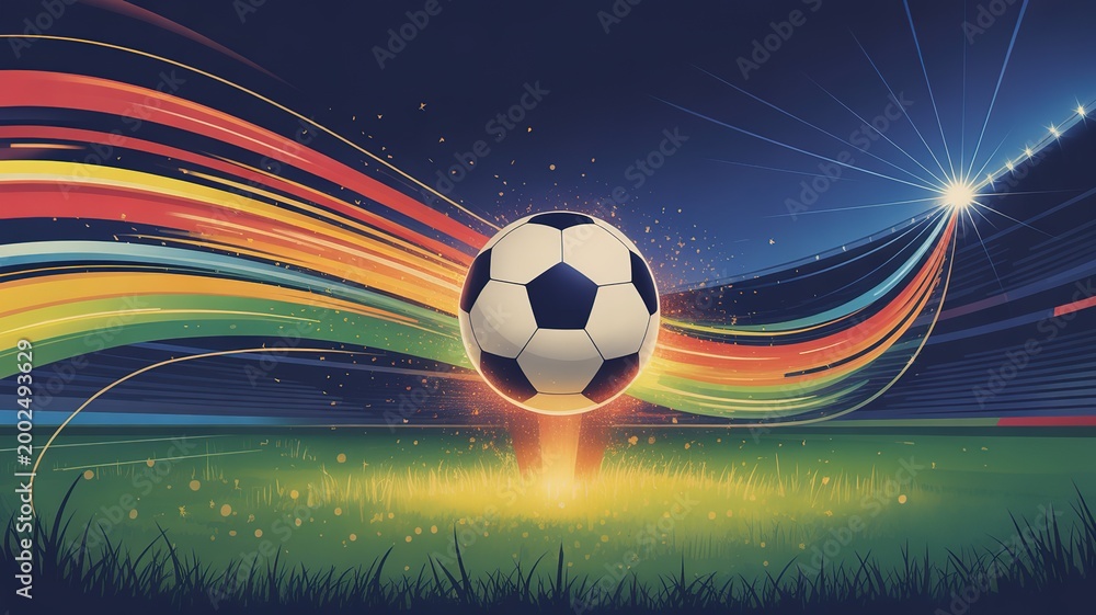 Fototapeta premium Vibrant Dynamic Football World Cup Game Scene with Energetic Players in Action on Lush Green Pitch Under Bright Stadium Lights Capturing Global Sports Excitement