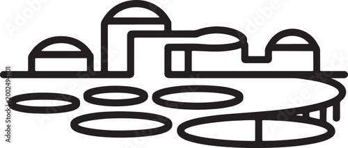 Biogas plant icon with 3 domed storage tanks and circular settling pools in line art style