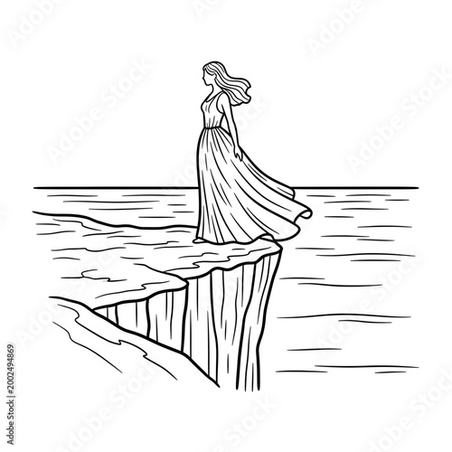 Minimalist line art of a woman on a cliff edge looking at the sea