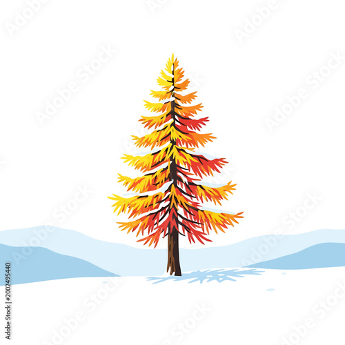 Vector illustration of a colorful autumn tree in a snowy landscape
