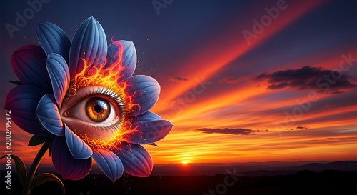 Surreal Flower with Eye at Sunset.