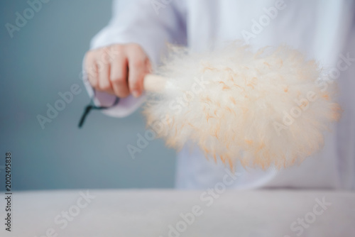 Close up of a person using a soft feather duster to clean dust from furniture surface, showcasing gentle household cleaning routine, hygiene, maintenance, and minimal lifestyle.
