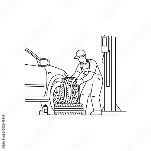 Professional mechanic changing a car tire in a garage line art