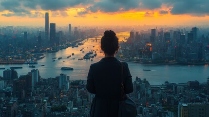 cityscape at sunset with urban skyline and river