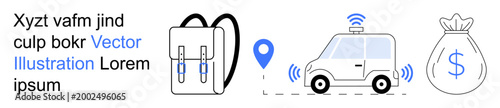 Navigation, smart transportation, fintech, contactless technology, online payments, financial tracking. A car with GPS, backpack and money bag are displayed. Navigation and smart transportation