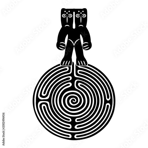 Ancient Siberian totem idol. Ancestor spirit with two heads standing on a round spiral maze or labyrinth symbol. Black and white silhouette.