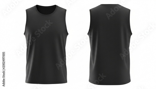 Blank black sleeveless shirt mockup isolated on white background, front and back view, 3d. Empty jersey sport tank top for basketball uniform mock up, natural shape on invisible mannequin