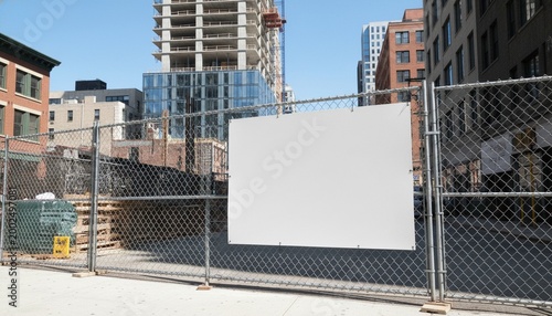 Blank empty signboard poster mockup on a construction site fence in a city street center