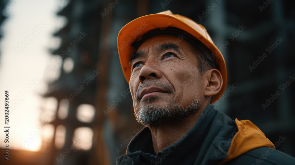 Naklejka premium Asian man in orange hard hat looking up with thoughtful expression at construction site