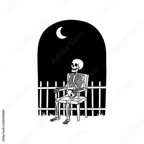 Skeleton sitting in a chair at night under a crescent moon illustration