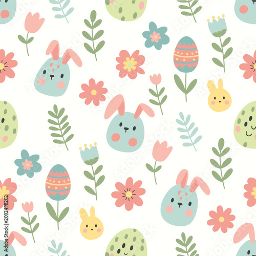 Seamless Easter pattern with cute bunnies eggs and spring flowers