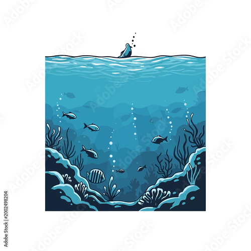 Underwater ocean scene vector illustration with coral reef and fish