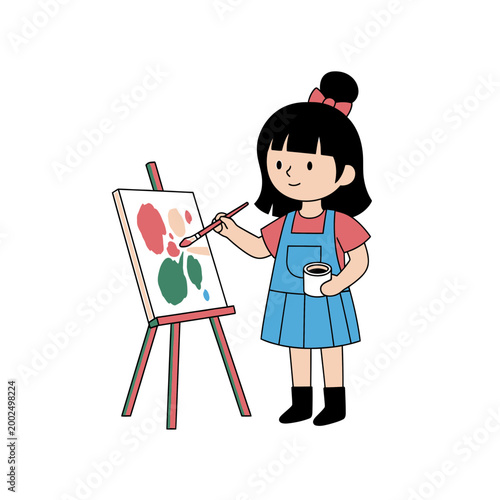 Young Girl Painting on Easel Cartoon Vector Illustration