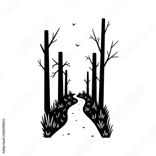 Winding Forest Trail with Bare Trees and Birds Silhouette Vector