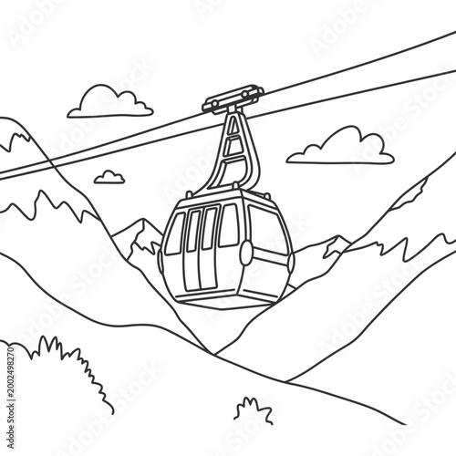 Mountain Cable Car Vector Illustration for Coloring