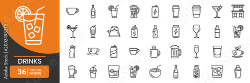 Drinks Web Icons Thin Line Style Minimal Vector Tea Cup Kettle Soda Can Drink Bottle Juice Glass Water Smoothie