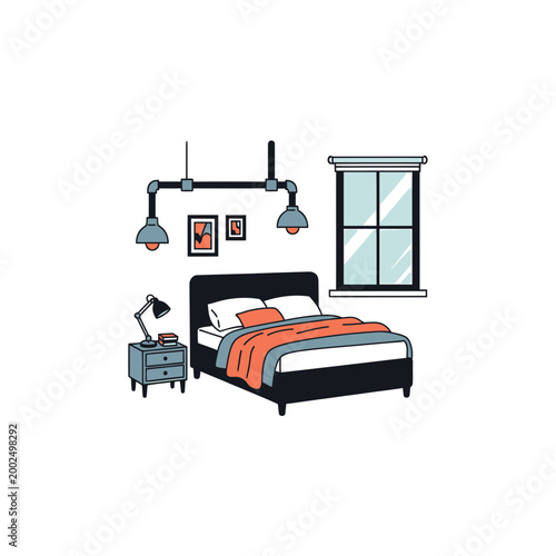 Modern Minimalist Bedroom Interior Illustration with Cozy Bed