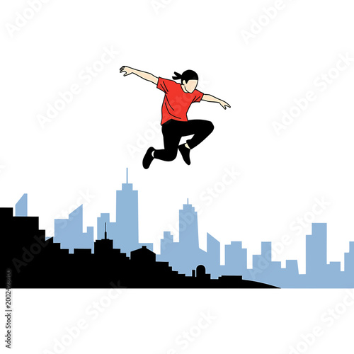 Parkour athlete jumping over urban city skyline illustration