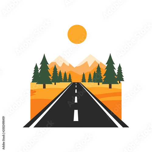 Road journey toward mountains through forest with sun illustration