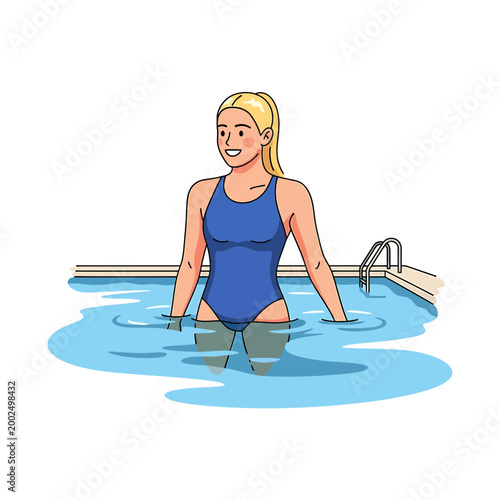 Happy woman in blue swimsuit standing in swimming pool vector