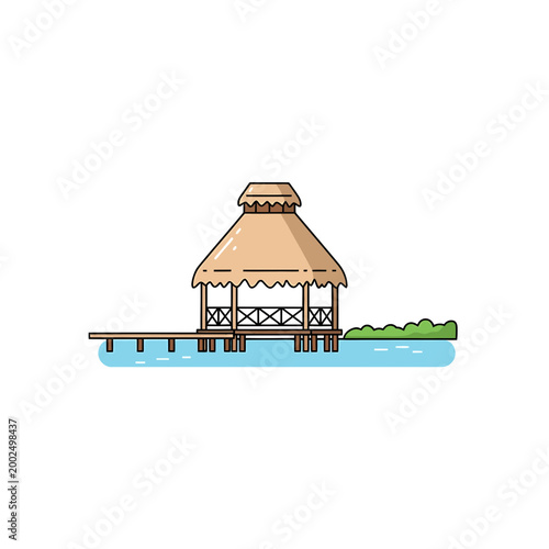 Tropical thatched roof bungalow on a wooden pier vector illustration
